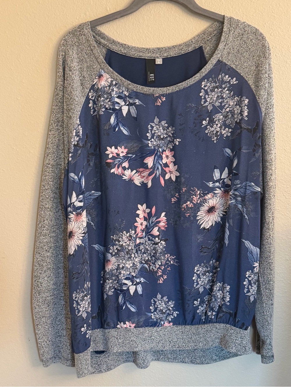 Kut from the Kloth Navy Floral Crewneck with Gray Raglan Sleeves